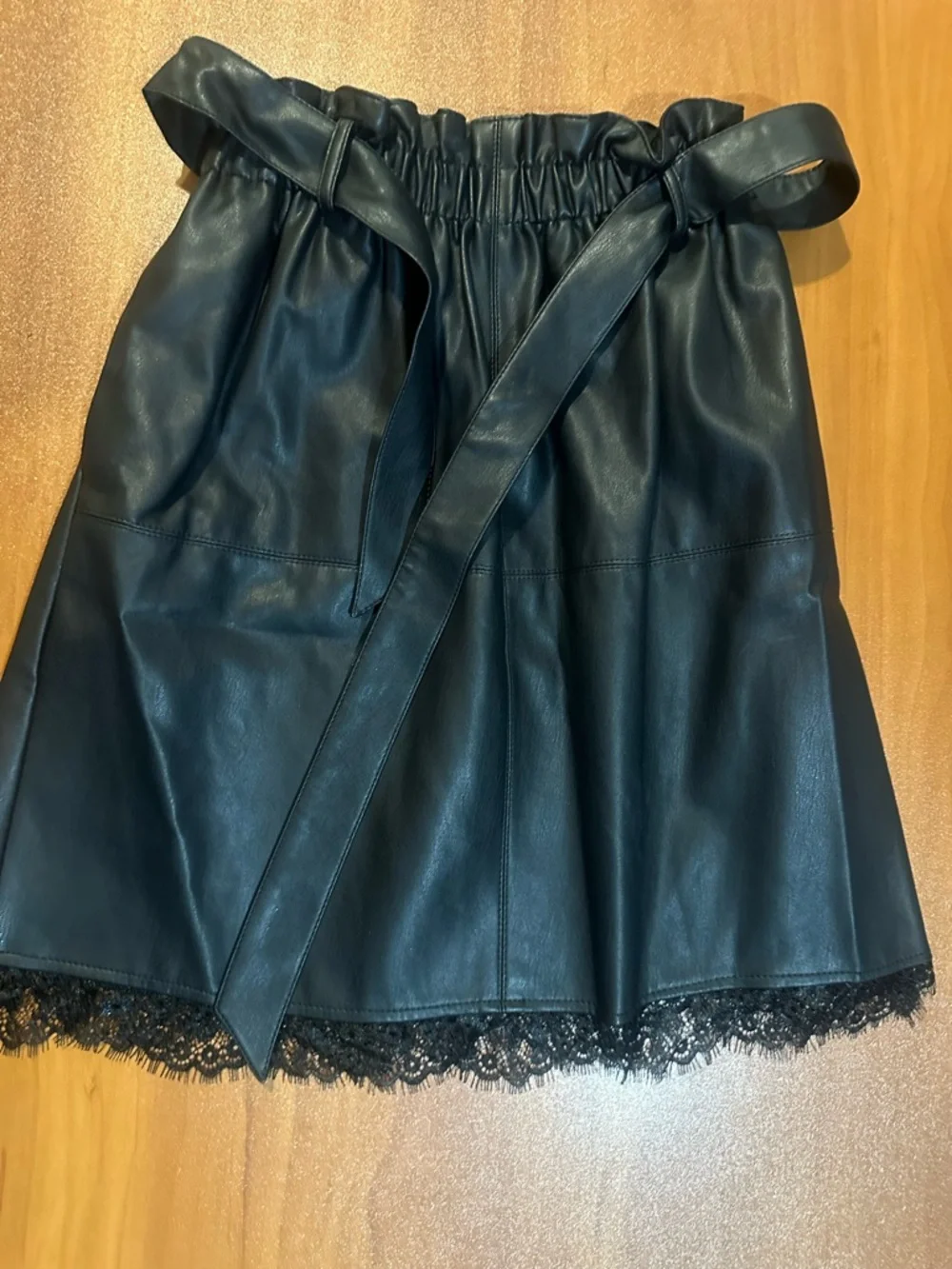 Zara Black Faux Leather Mini Skirt with Lace Trim - Size S